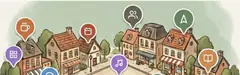 Watercolor town map dotted with activity pins